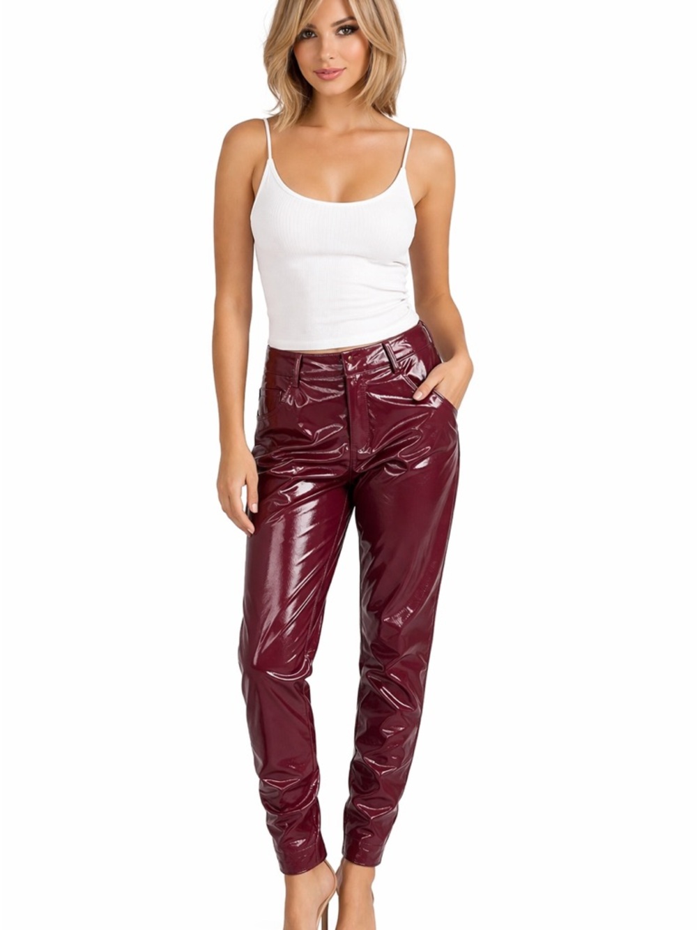 AKIRA Burgundy Patent Faux Leather Skinny Pants High Shine Vinyl Size S NWT
